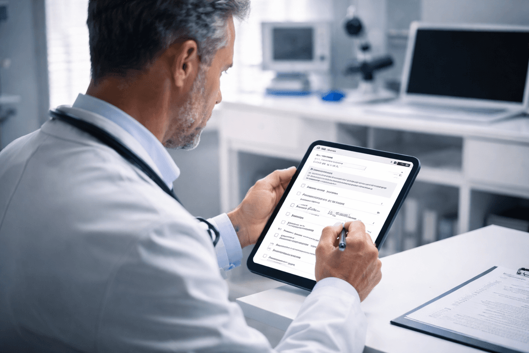 Doctor using tablet in clinical setting